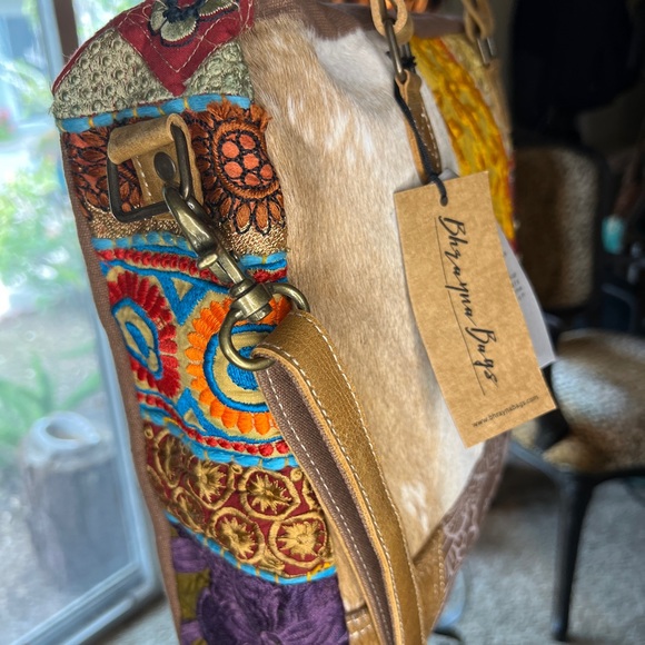 New Crossbody Hippie Patchwork Old Work Cloth, Leather Cowhide Canvas Bag - Picture 6 of 9